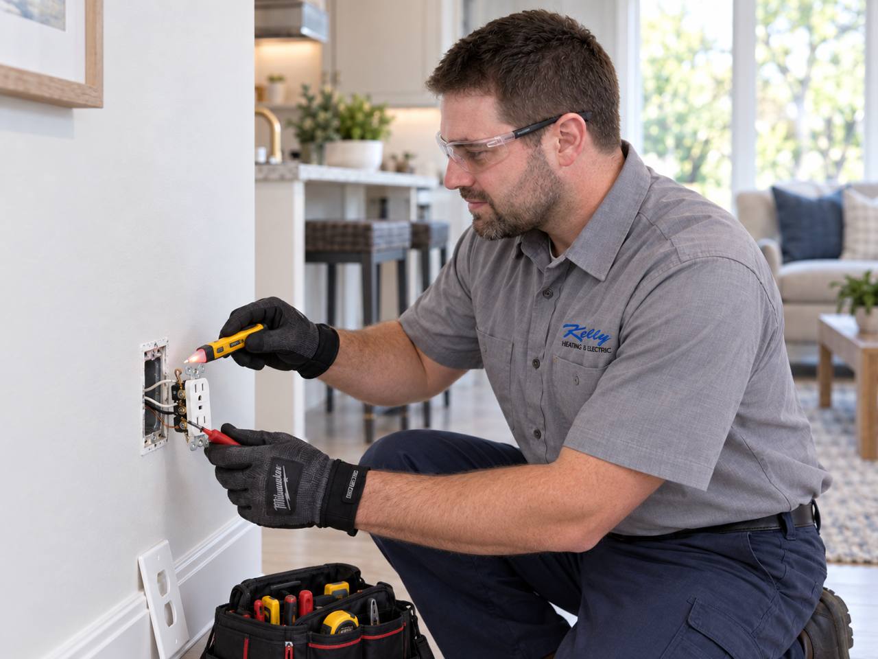 Person inspecting an open electrical outlet in a home