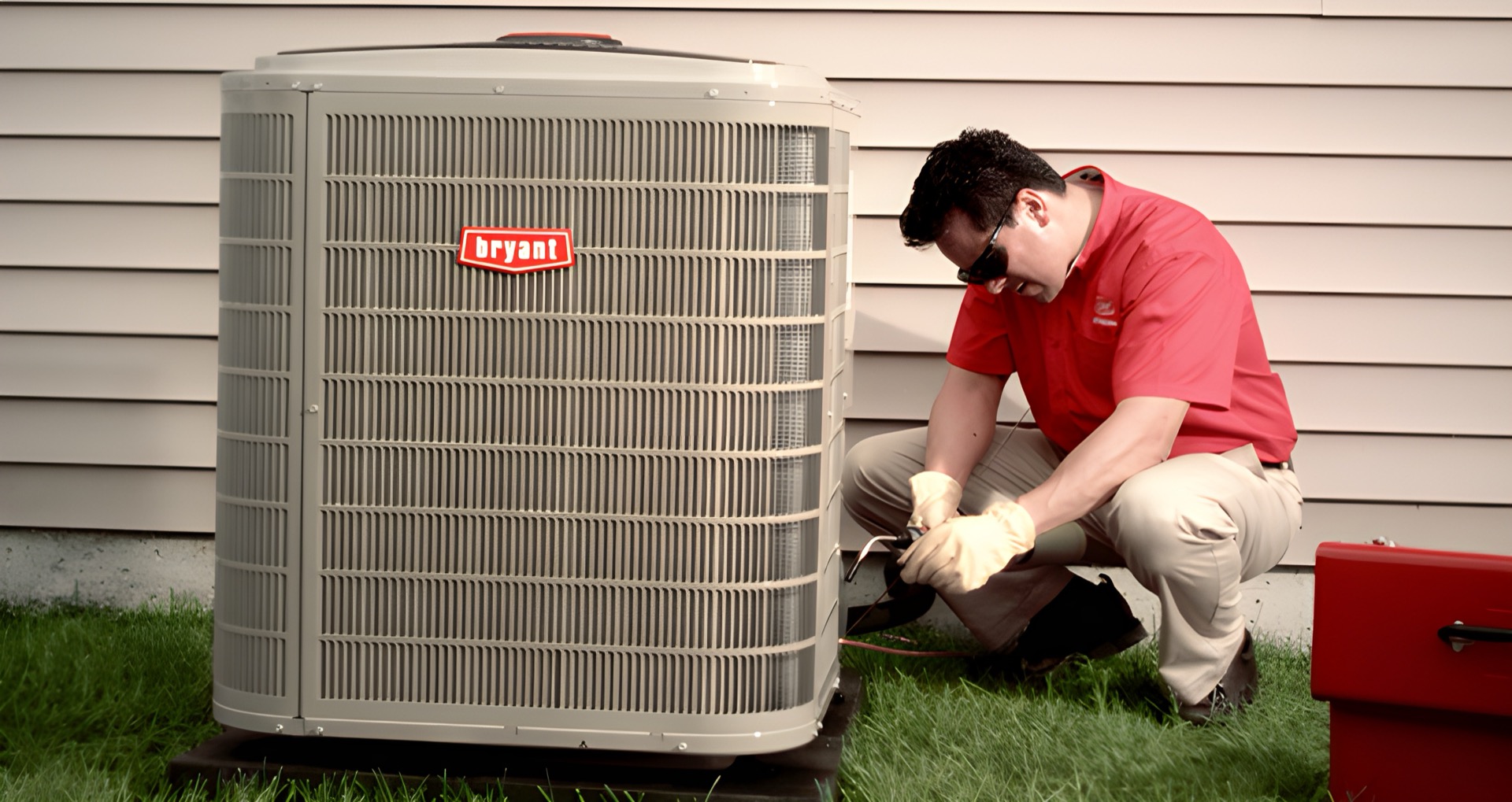 Technician servicing an outdoor air conditioning condenser beside a home